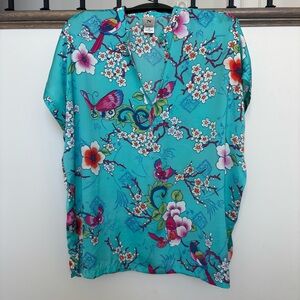 NATORI - Women’s Turquoise Floral and Bird Print Blouse - Size Small